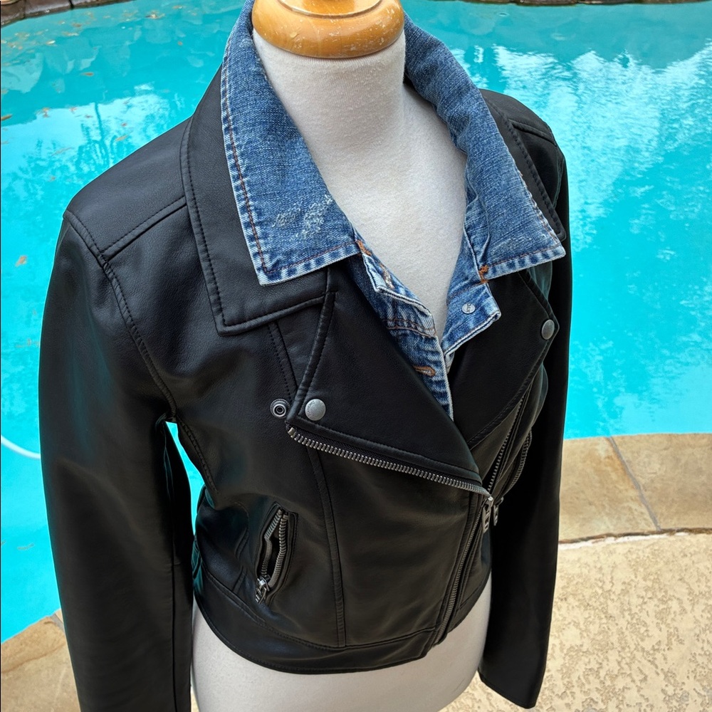 Blank NYC Black Faux Leather Moto Jacket with zip out Denim Collar Detail L - Picture 2 of 10